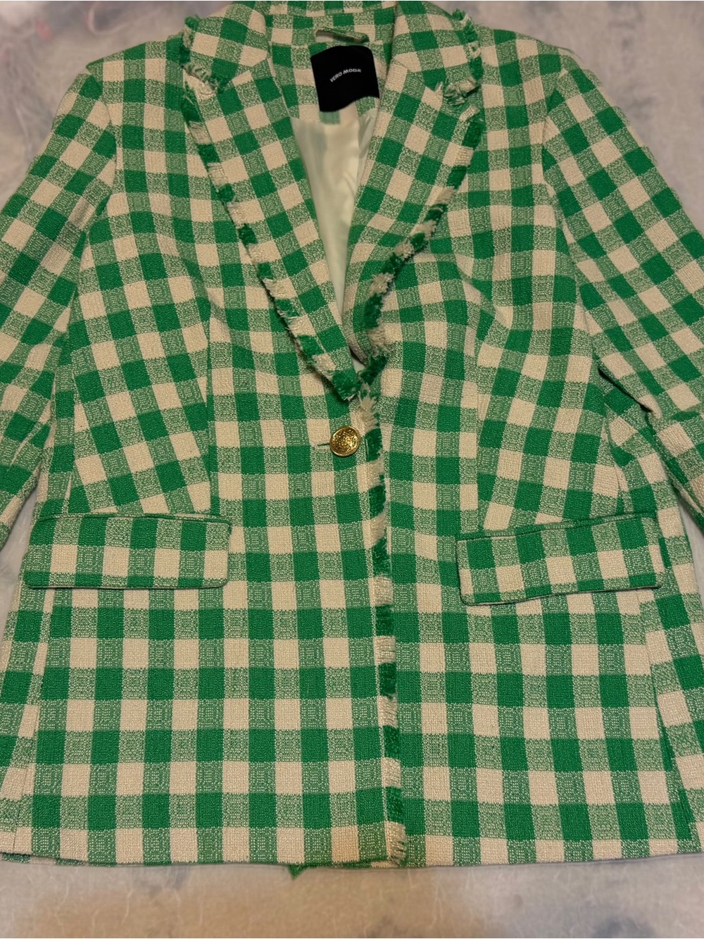 Vero Moda Tweed Style Green and Cream Checked Gingham Blazer